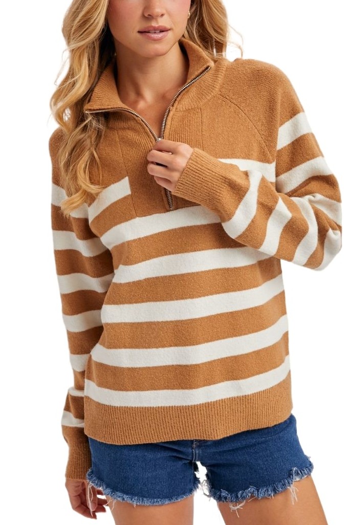 Striped Half Zipped Knit Sweater