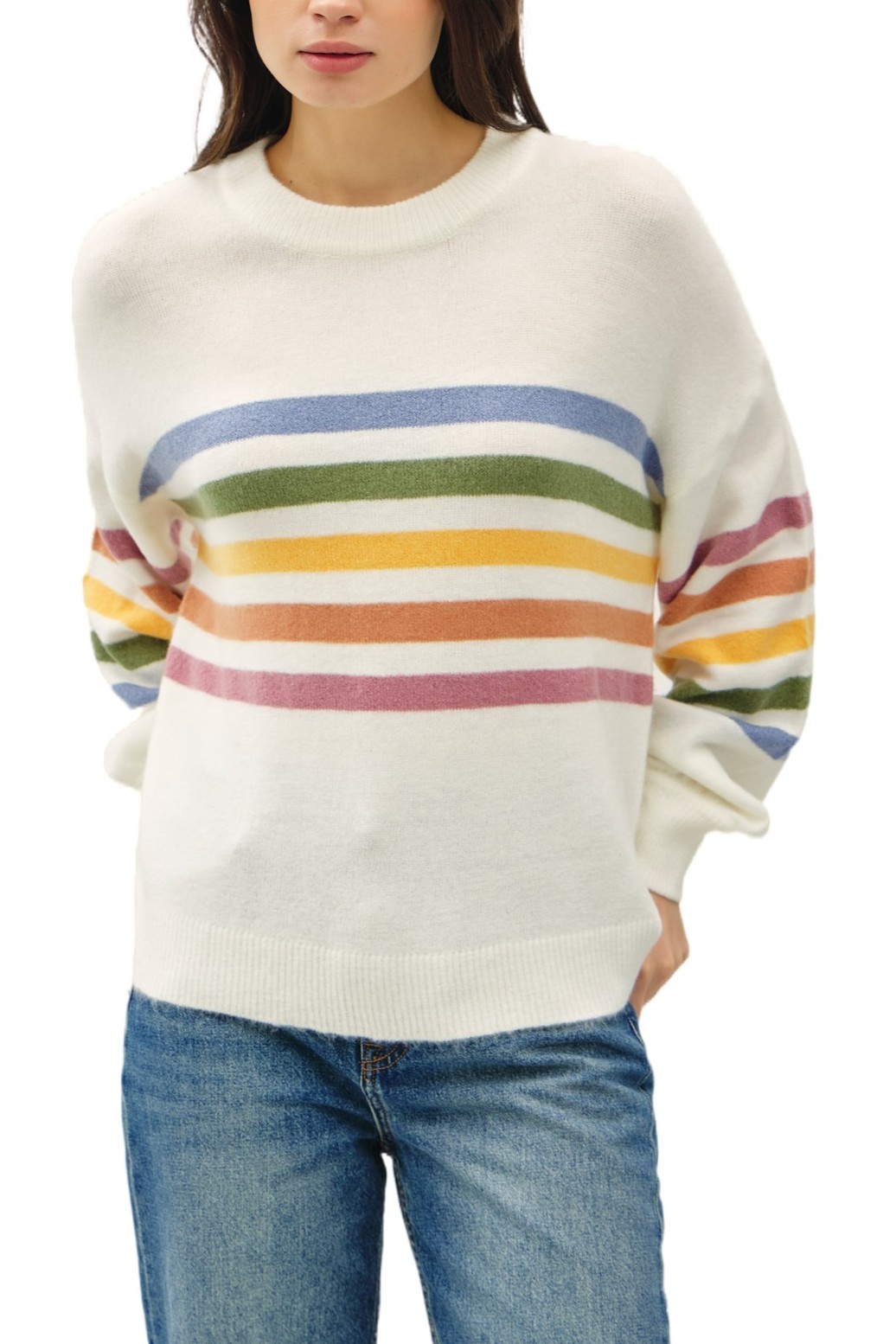 Rainbow Stripe Balloon Long Sleeve Sweater