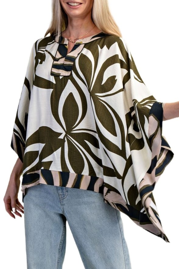 Leaf Print Draped Dolman Sleeve Top