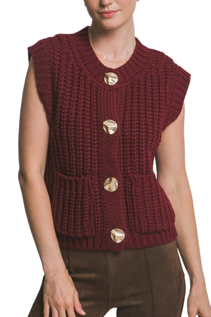 Knit Sweater Vest Gold Button Down
