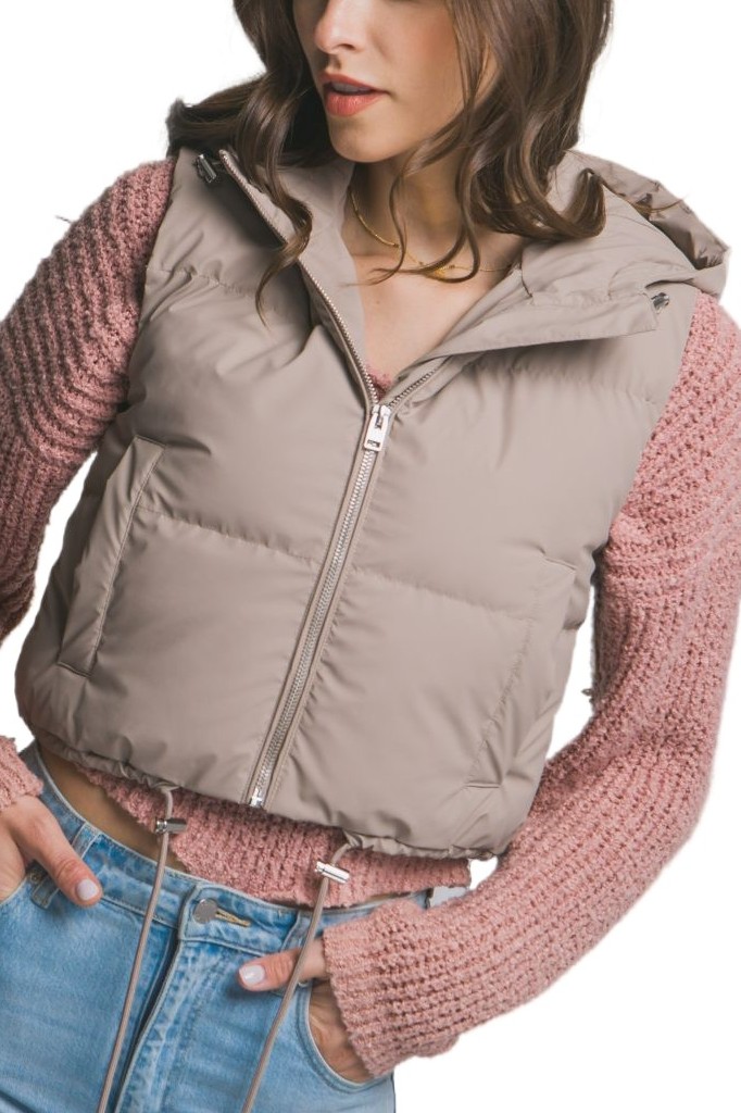 Cropped Puffer Vest W/adjustable Drawstrings