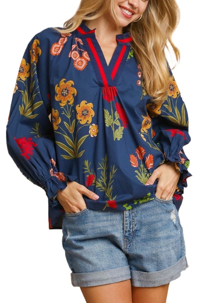 Floral Print V Neck Open Collar Top
