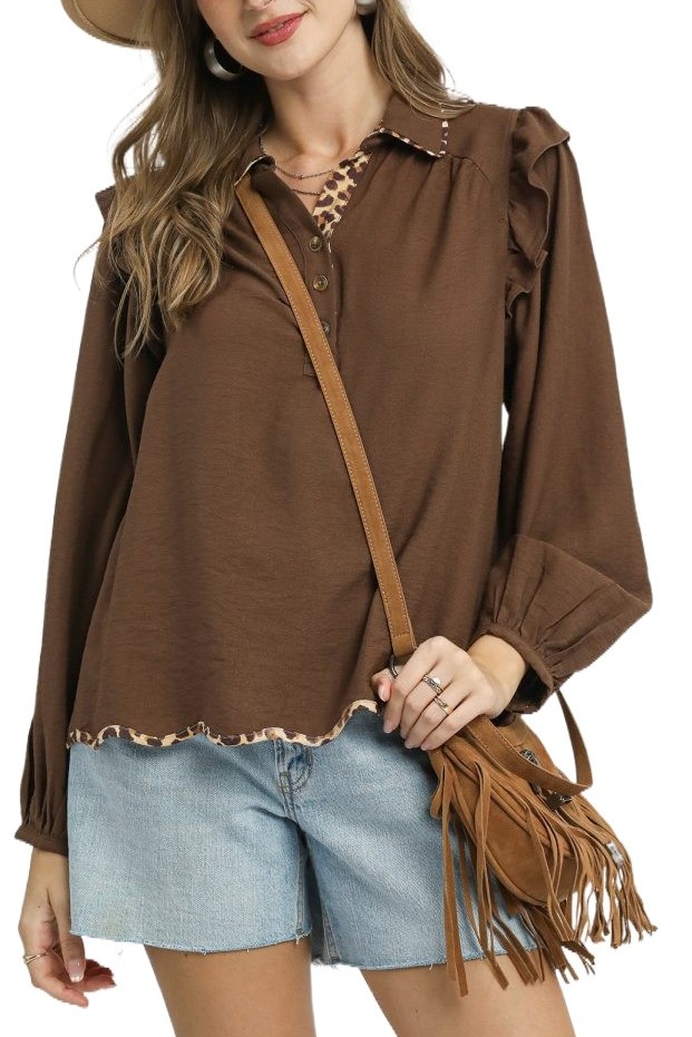 Ruffle Shoulder Button Blouse