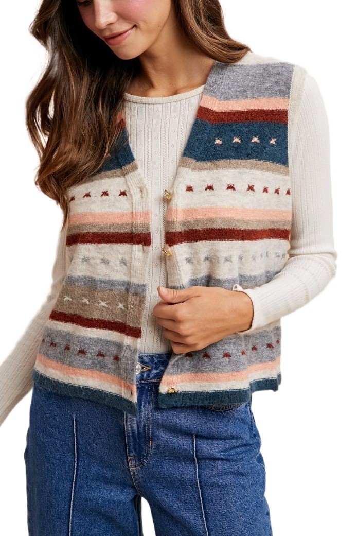 Multi Stripe Button Down Sweater Vest