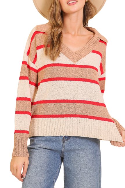 Striped Collared Knit Sweater