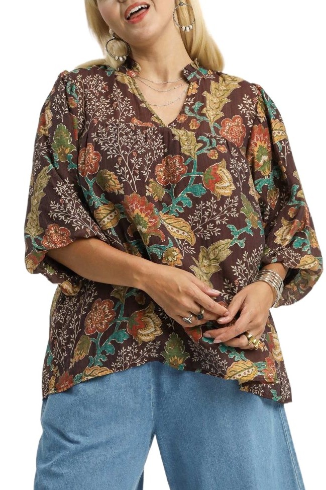 Plus Floral Boho Blouse With Ruffle Collar