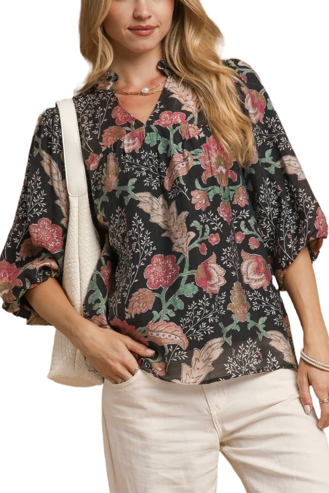 Floral Boho Blouse With Ruffle Collar