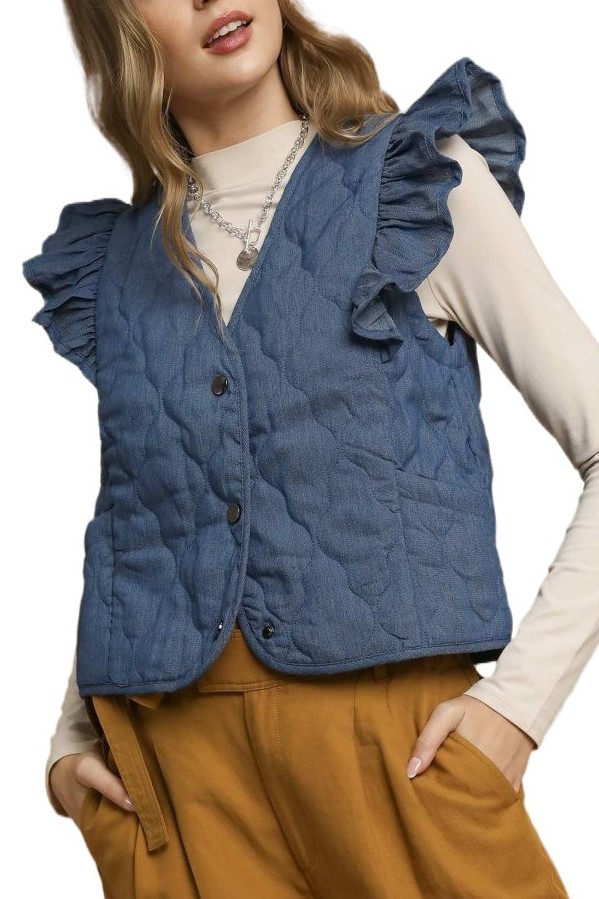 Quilted Vest With Ruffle Shoulder Detail