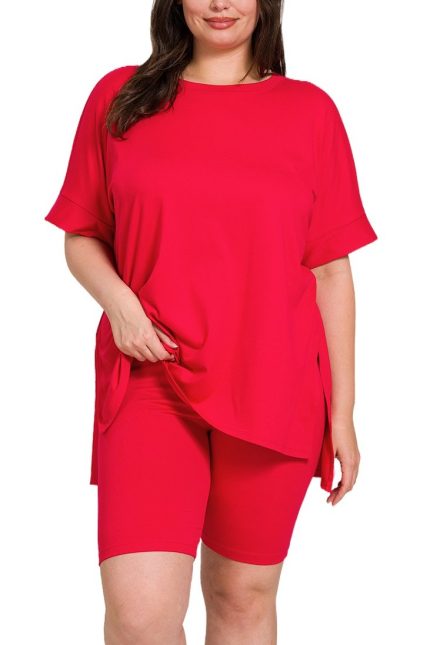 Plus Brushed Dty Microfiber Round Neck Top & Biker