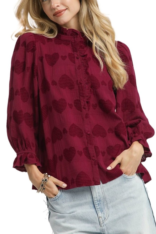 Heart Jacquard Ruffle Trim Blouse