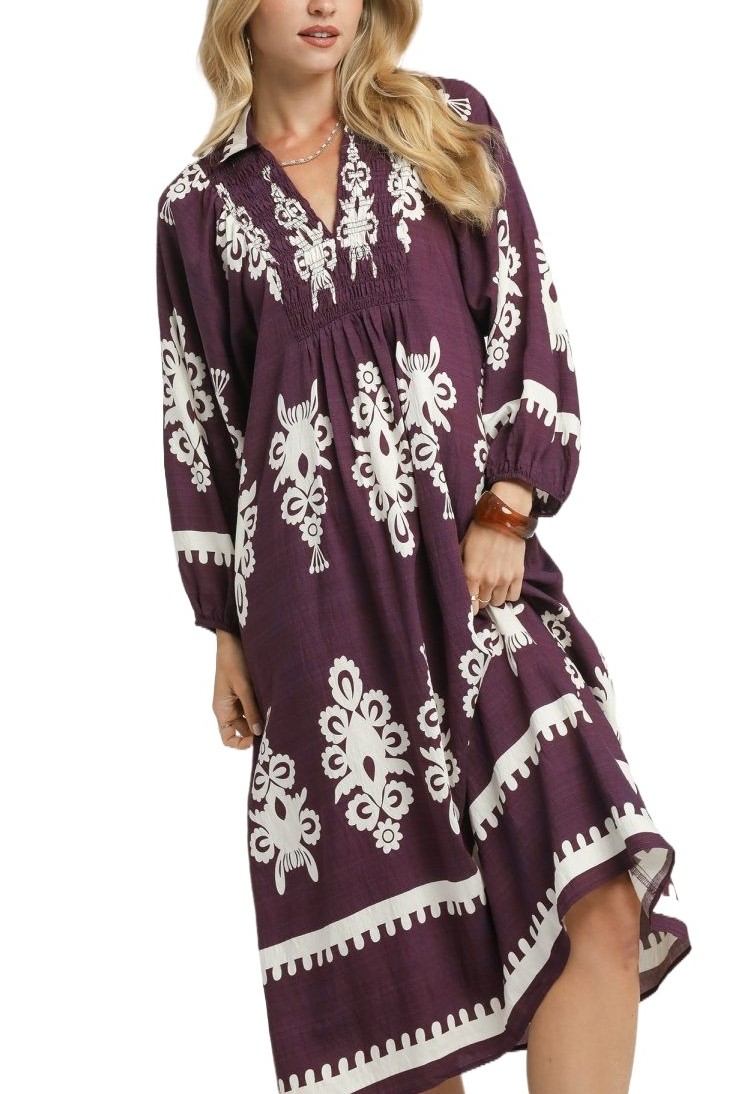 Two Tone Border Print Midi Dress