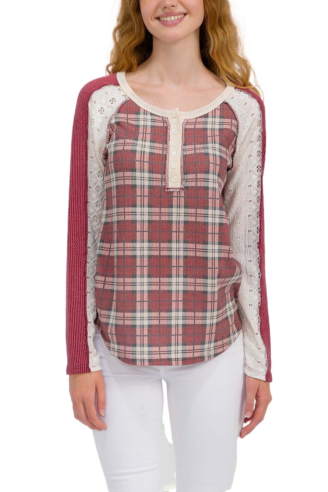 Plaid Top With Lace And Ribbed Contrast Sleeves