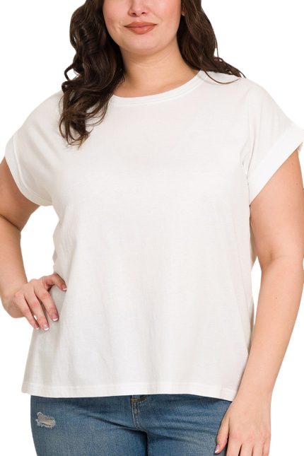 Plus Round Neck Folded Short Sleeve T-shirt