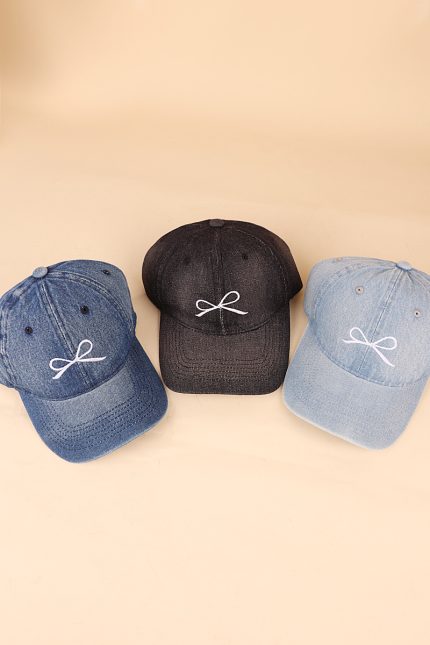 Bow Embroidery Denim Washed Cap