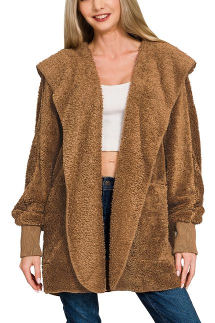 Hooded Faux Fur Jacket With Pockets