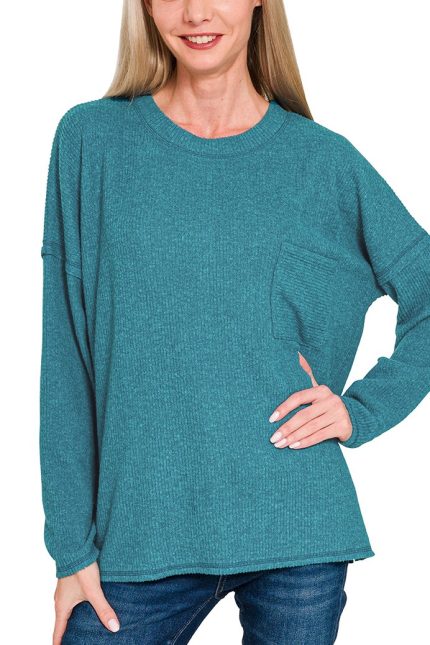 Ribbed Brushed Melange Hacci Sweater With A Pocket