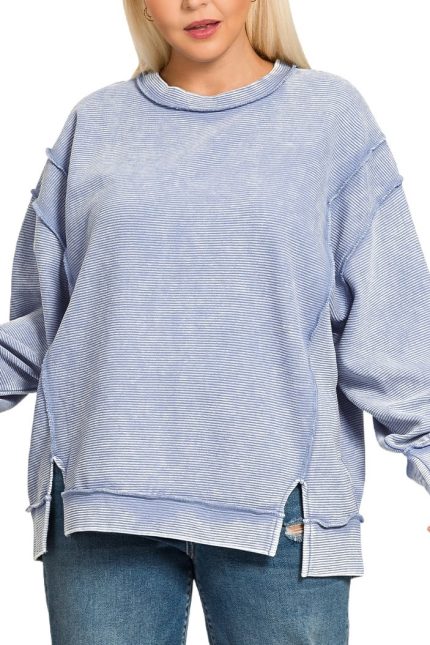 Plus Acid Washed Double Ribbed Expsd-seam Pullover