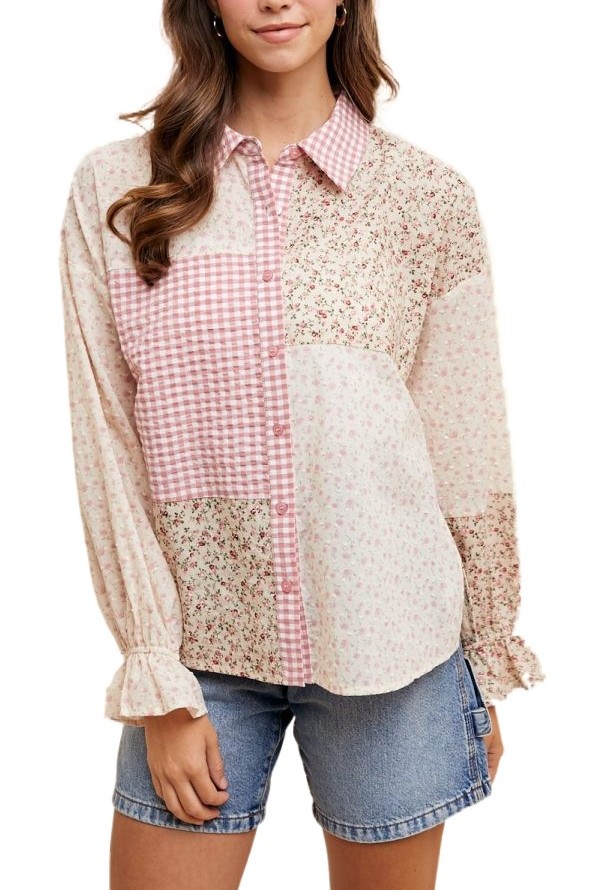 Multi Print Color Block Button Down Shirt