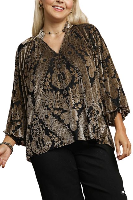 Plus Damask Print Velvet Split Neck Top