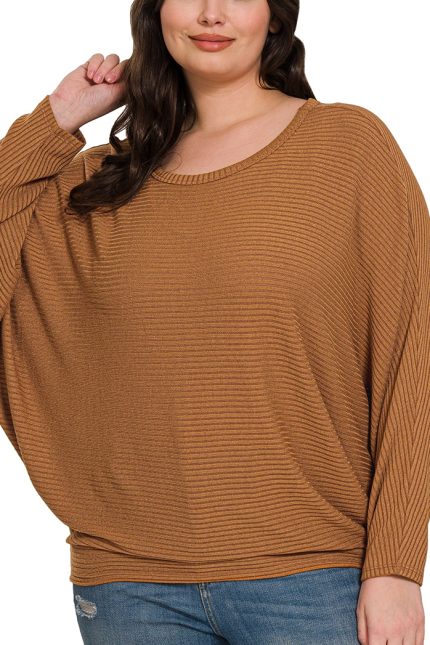 Plus Ribbed Batwing Long Sleeve Boat Neck Sweater