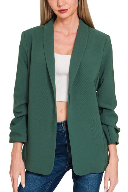 Woven 3/4 Ruched Sleeve Open Front Classic Blazer