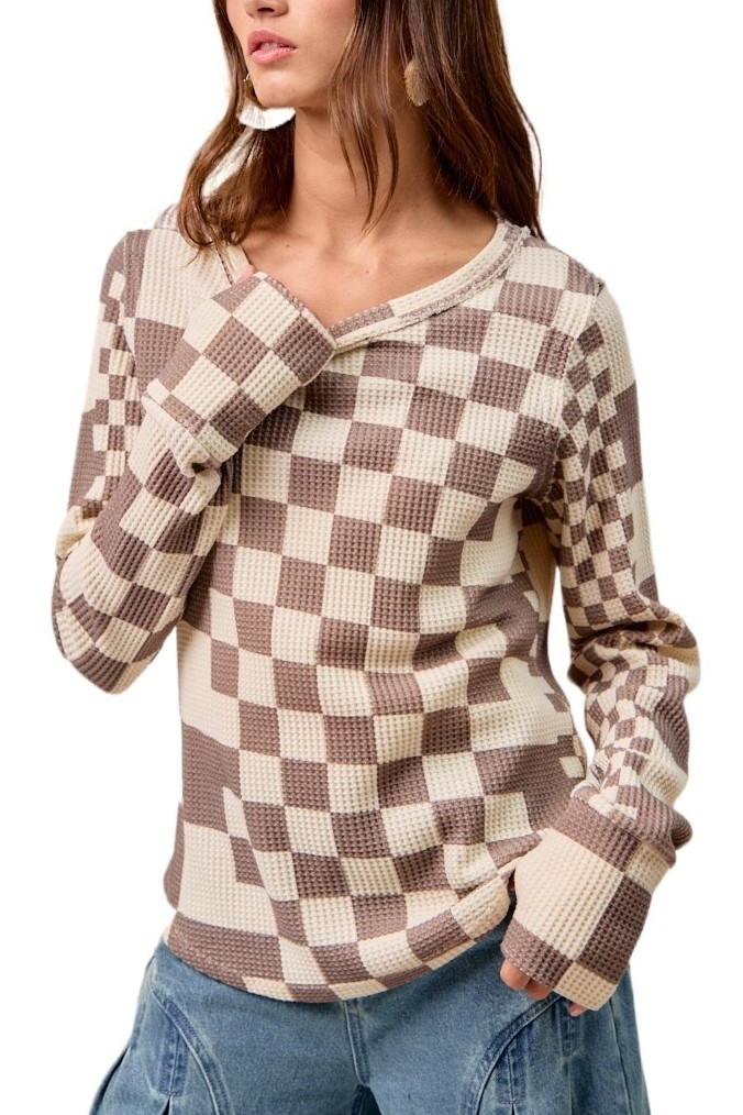 Checker Print Washed Waffle Thermal Top With Thumb