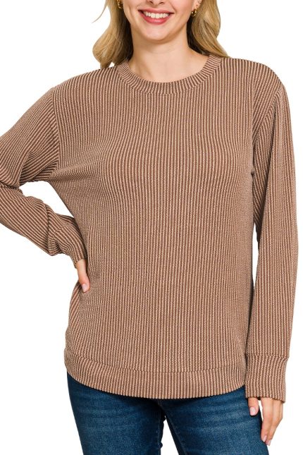 Raised Rib Round Neck Long Sleeve Top