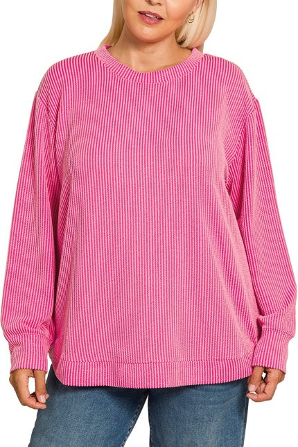 Plus Raised Rib Round Neck Long Sleeve Top