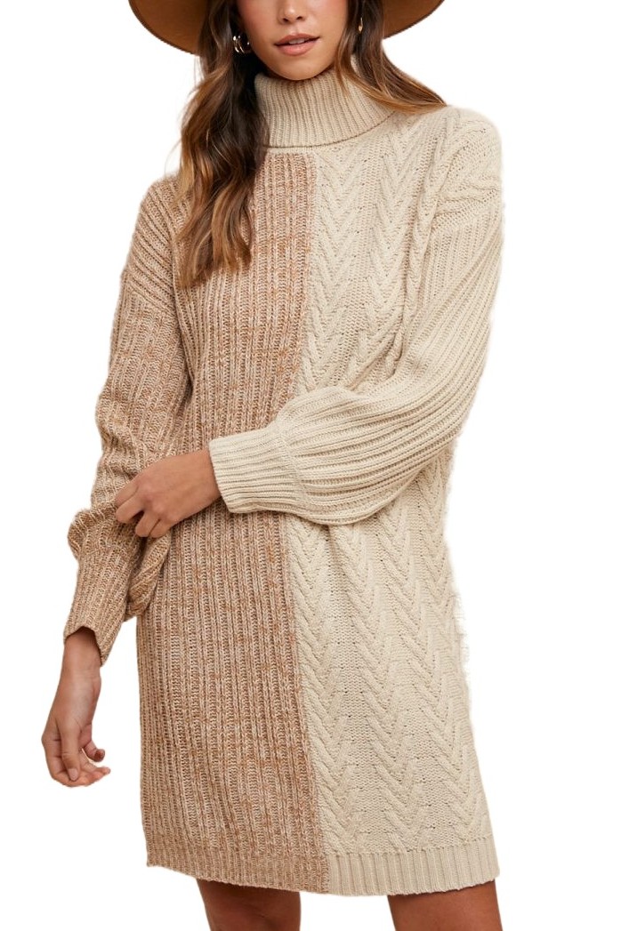 Two Tone Color Block Turtleneck Sweater Dress