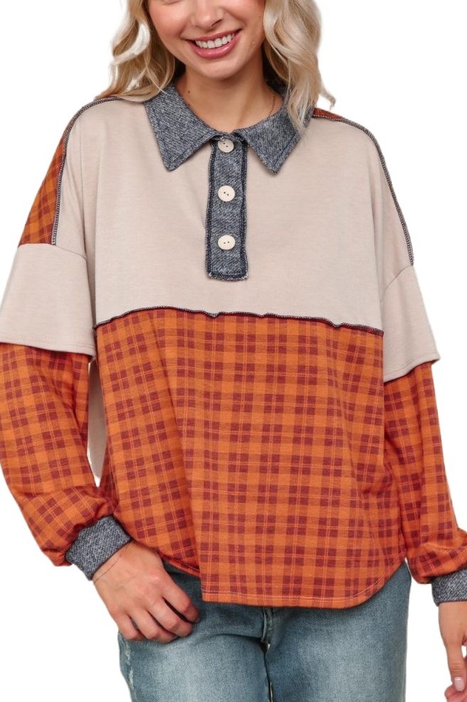 Collared Button Down Detail Color Block Top
