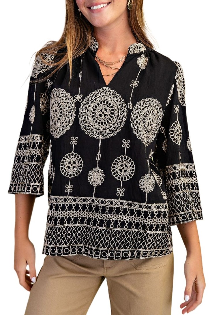 Metallic Embroidered V-neck Blouse