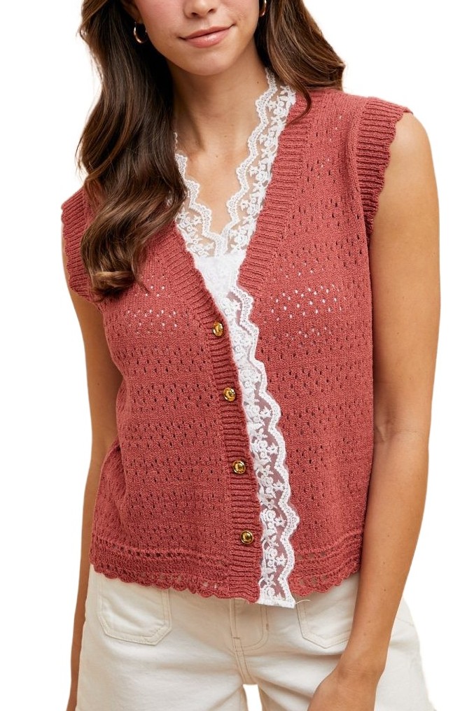 Lace Trimmed Scallop Edge Pointelle Sweater Vest