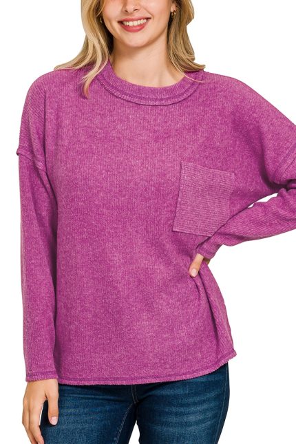 Ribbed Brushed Melange Hacci Sweater With A Pocket