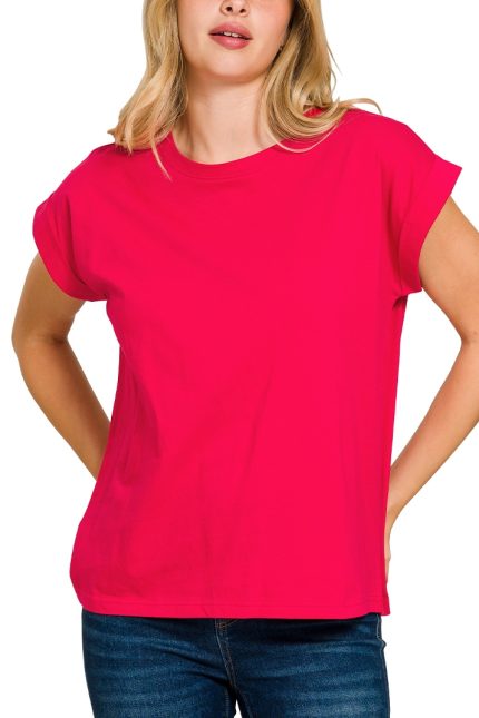 Round Neck Folded Short Sleeve T-shirt