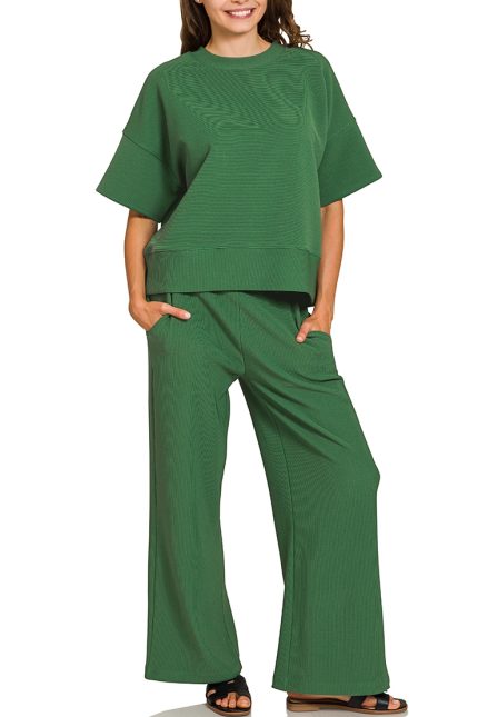 Ribbed Round Neck Tee And Pants Set