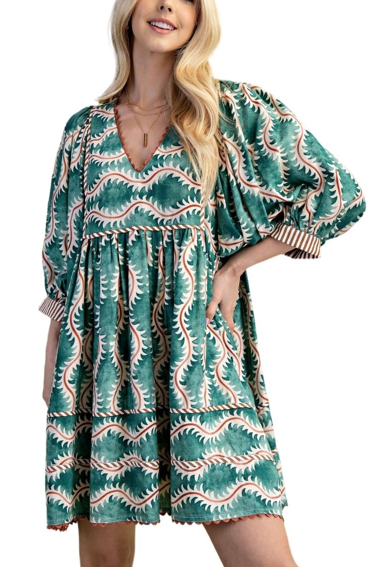 Printed V-neck Mini Dress