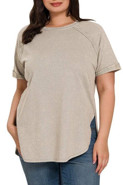 Plus F/terry Acid Wash Short Cuff Sleeve Pullover