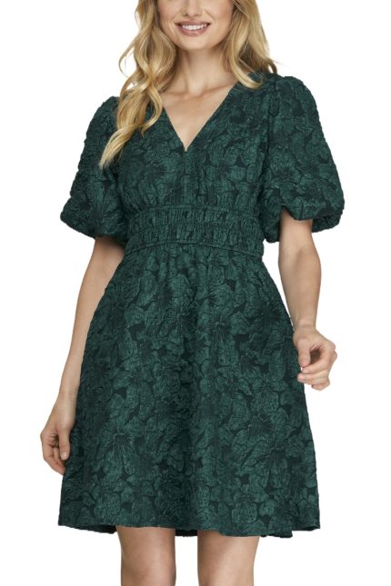 Balloon Sleeve Plunging Neck Floral Pattern Jacquard Dress