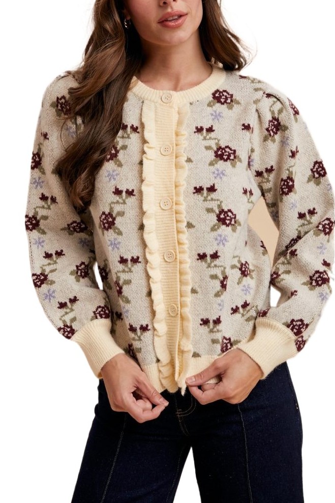 Rose Print Frill Sweater Cardigan