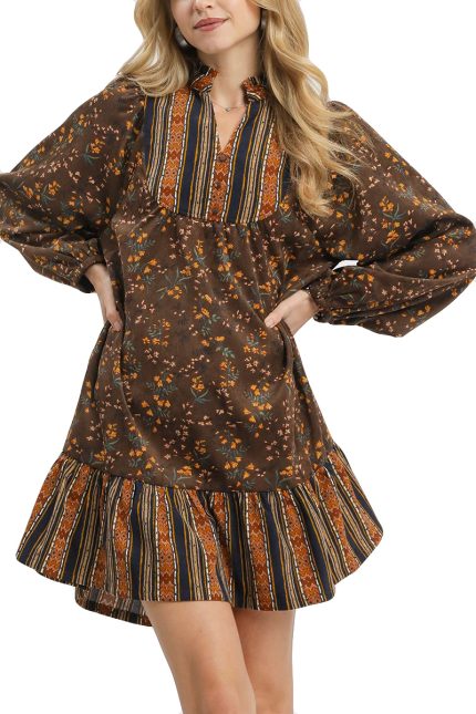 Corduroy Print Ruffle Mini Dress