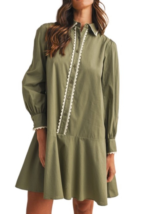Poplin Scallop Trimmed Shirt Dress