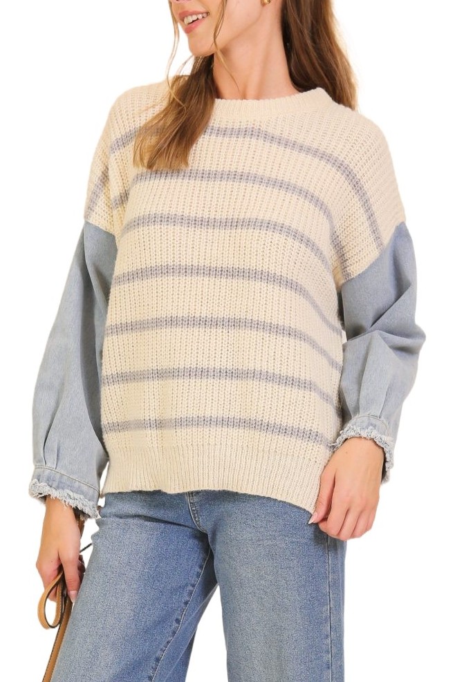 Striped Knit Sweater With Denim Sleeves
