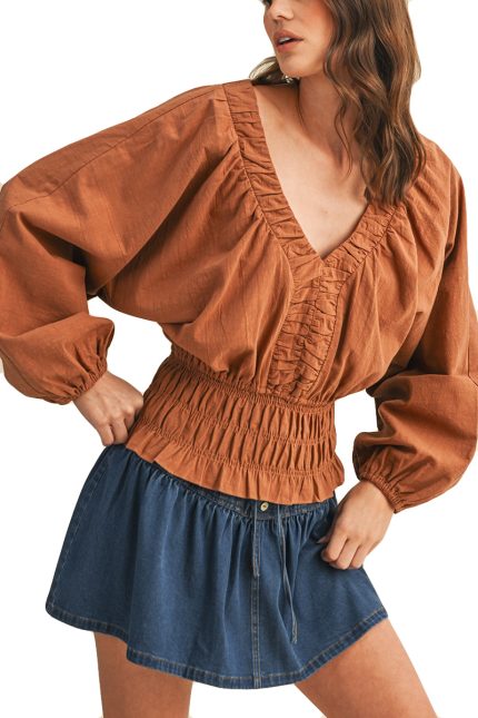 Smocked V Neck Dolman Sleeve Blouse
