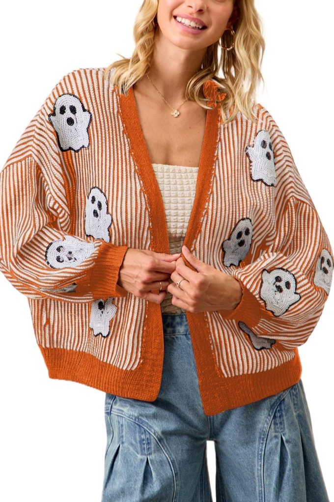 Halloween Theme Knit Cardigan With Ghost Sequins