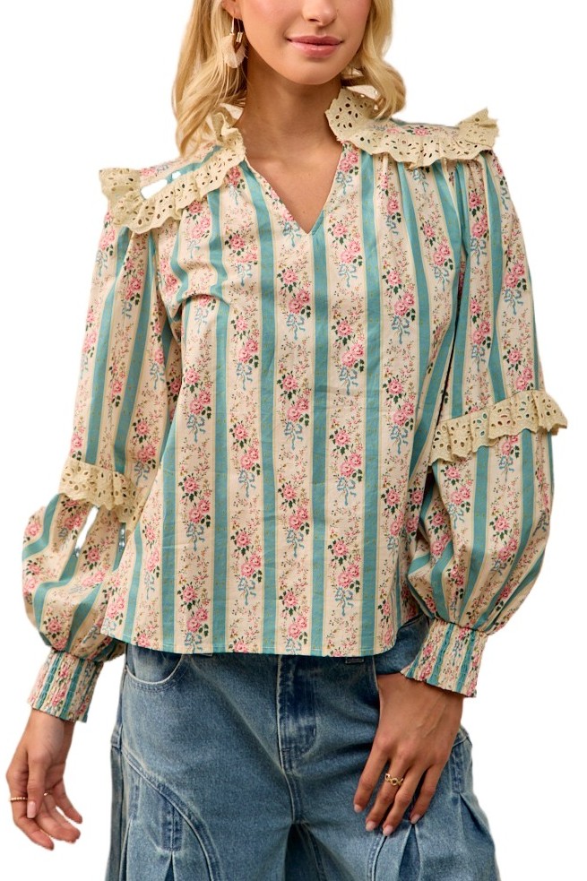 Floral Striped Top With Lace Trim And Long Sleeves