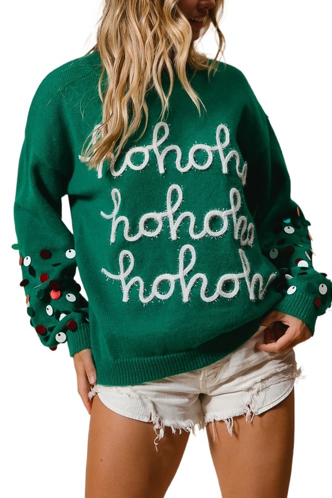 Spangled Sleeve Tinsel Lettering Christmas Sweater