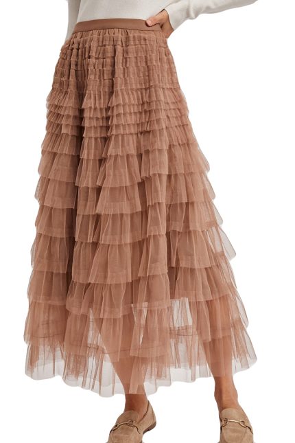 Ruffled Tulle Midi Skirt
