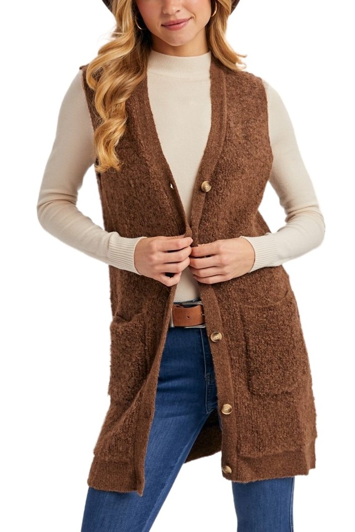 Button Down V-neck Teddy Knit Long Lined Vest