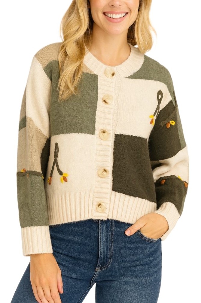 Color Block Cardigan With Floral Ribbons