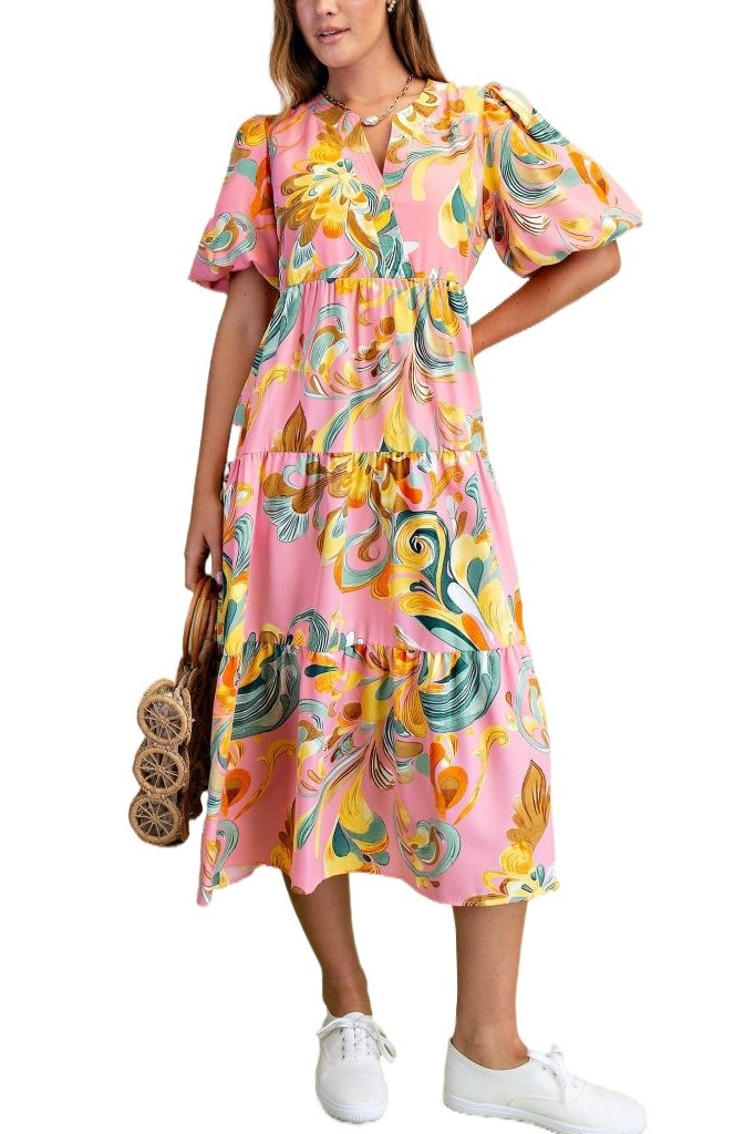 Swirl Printed Tiered Midi Dress